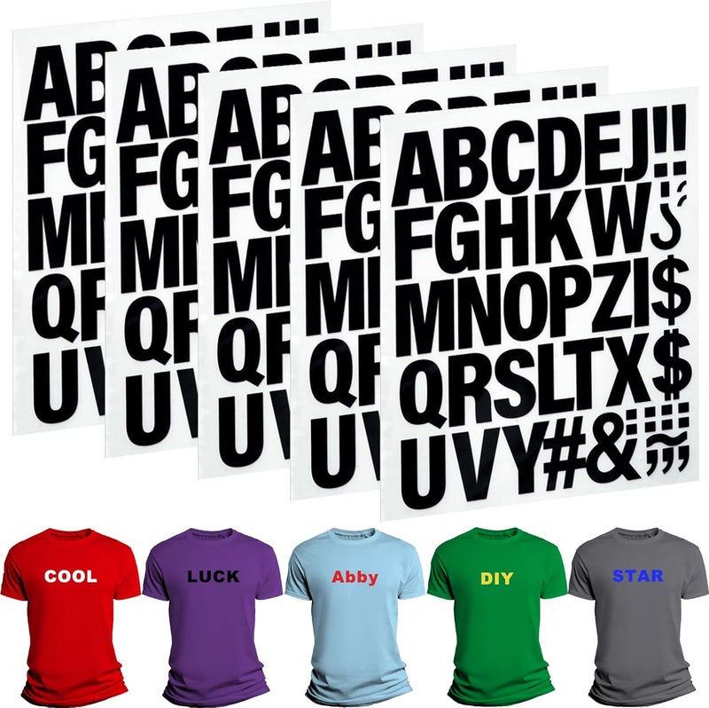LONGMUU 220 Pieces Iron on Letters for Clothing, 5 Sheets of Black Heat Transfer Vinyl for T Shirts, A-Z Patches PU DIY Crafts Alphabets Sticker for Fabric - Image 1
